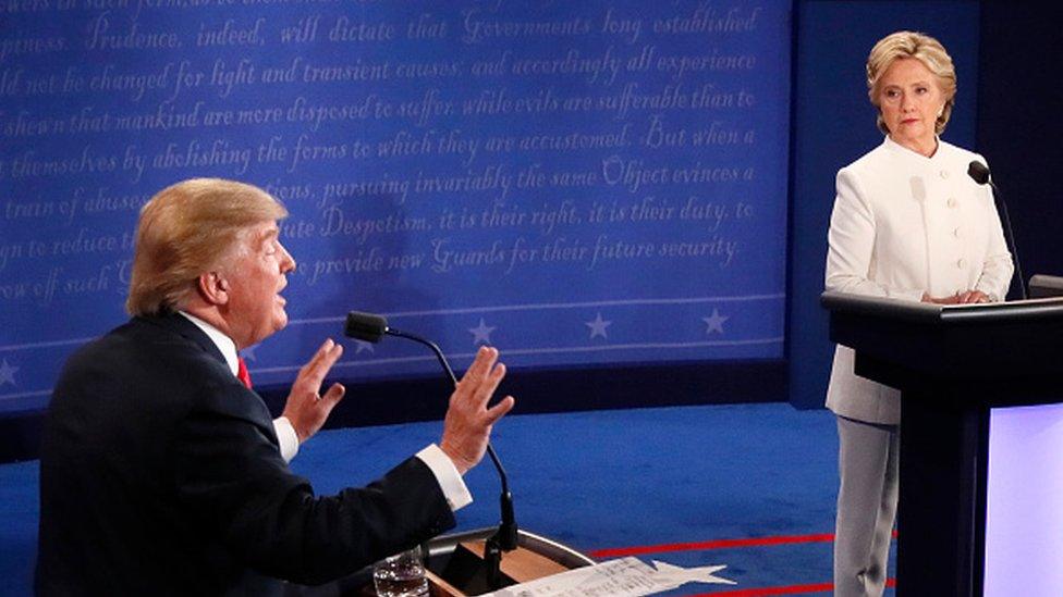 Donald Trump and Hillary Clinton at a 2016 debate