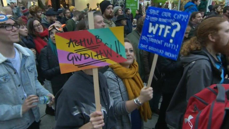 Protesters with 'Save Gwdihw' placards in Cardiff