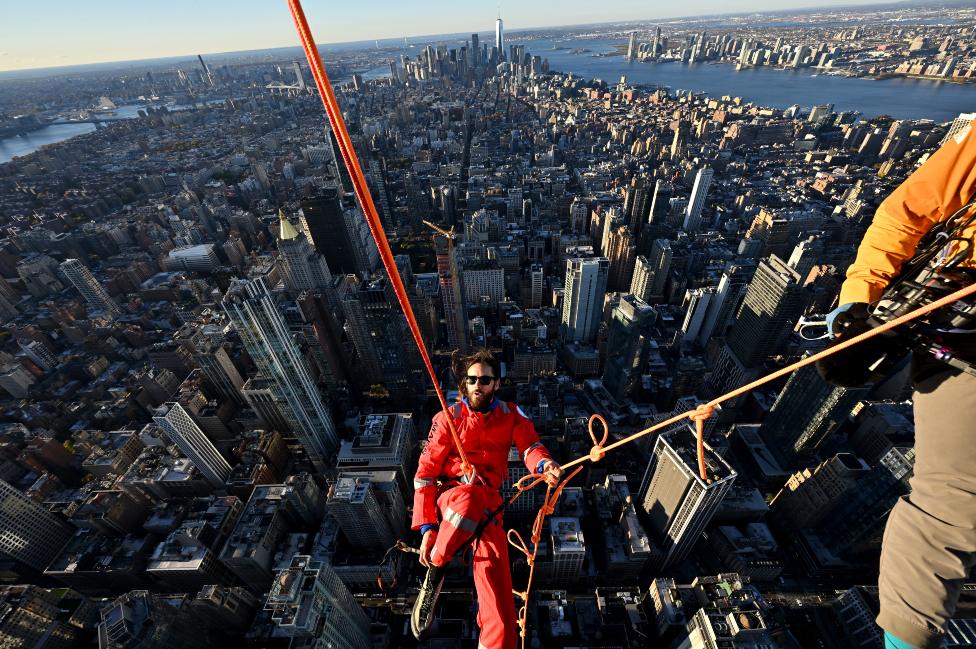 Jared Leto climbs The Empire State Building on November 08, 2023 in New York City