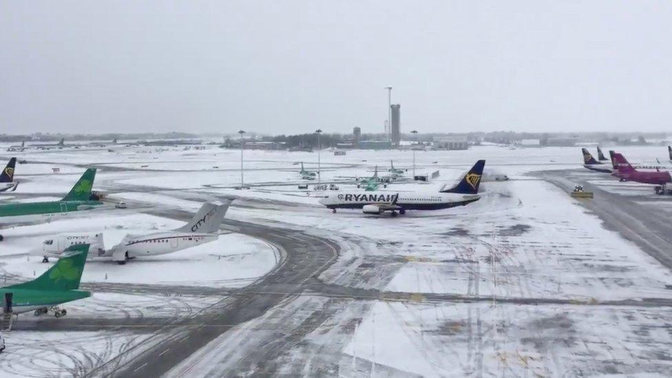 Dublin Airport is seen covered with snow, in Ireland, March 1, 2018