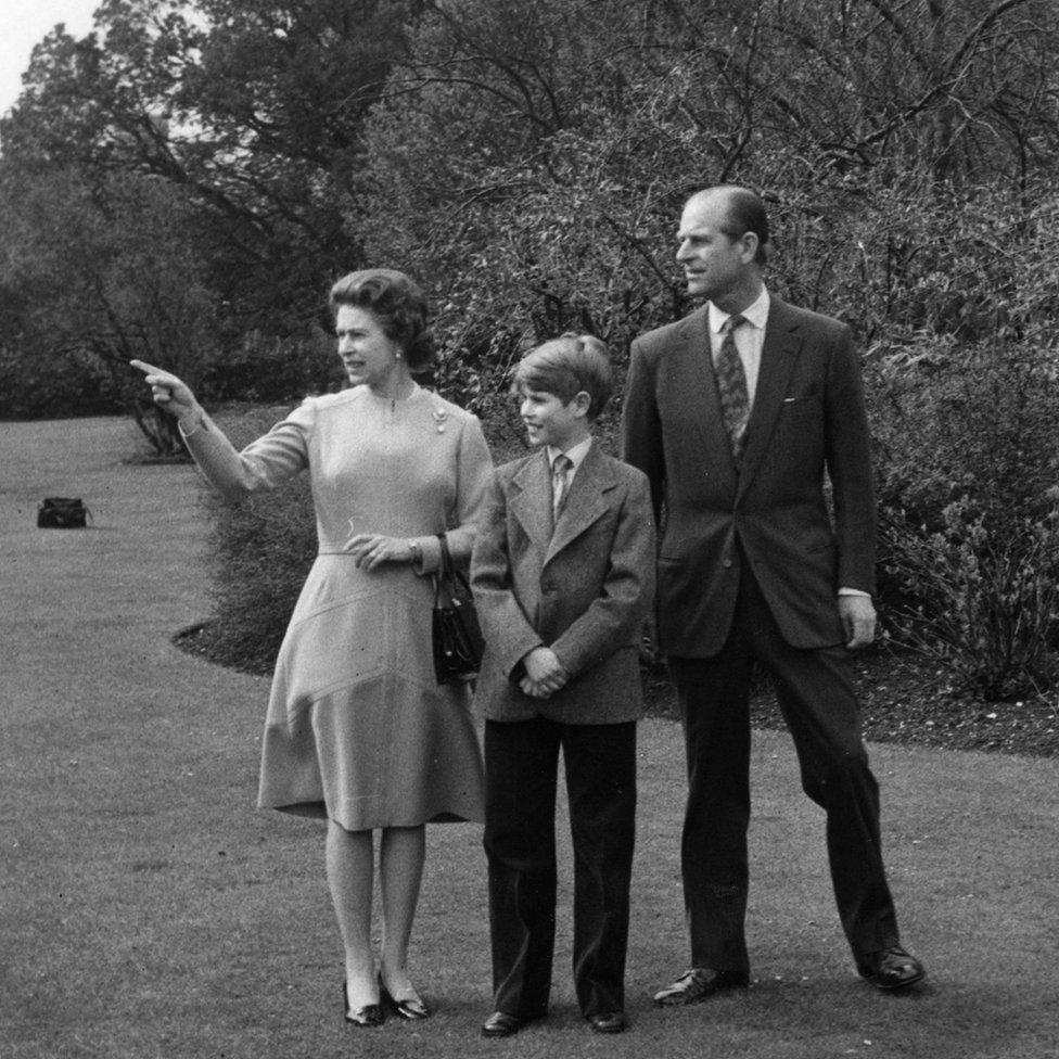 Queen Elizabeth II on her 50th birthday with Prince Philip and their youngest son Prince Edward, 12, in the grounds of Windsor Castle