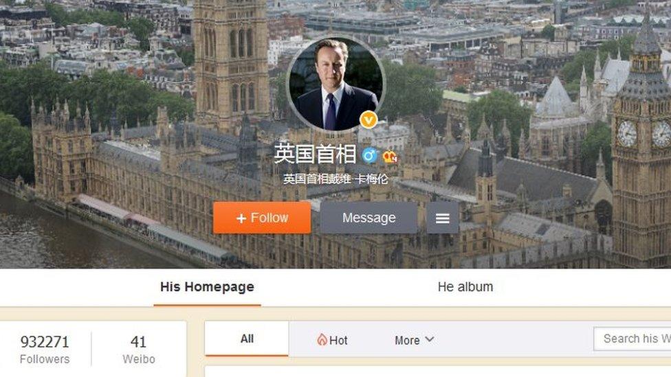 Screenshot of David Cameron's Weibo account taken on 13 April 2016