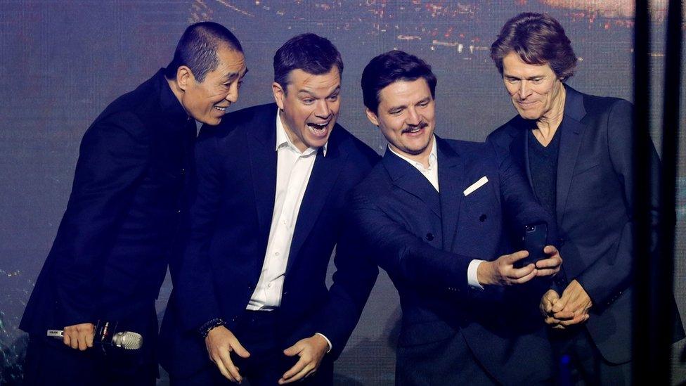 The Great Wall's director Zhang Yimou with actors Matt Damon, Pedro Pascal and Willem Dafoe