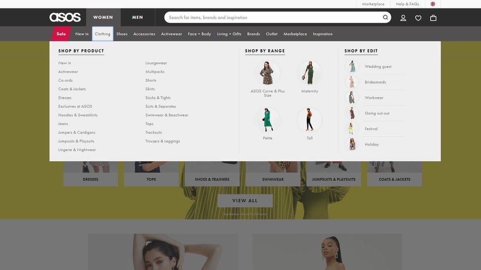 Asos website navigation menu