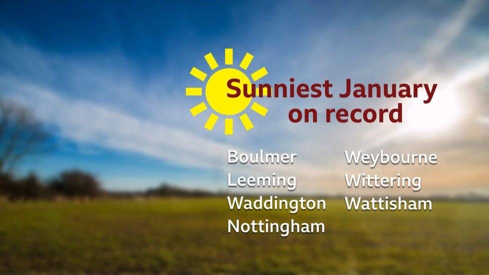 Graphic of locations in the UK with record breaking sunshine totals for January 2022