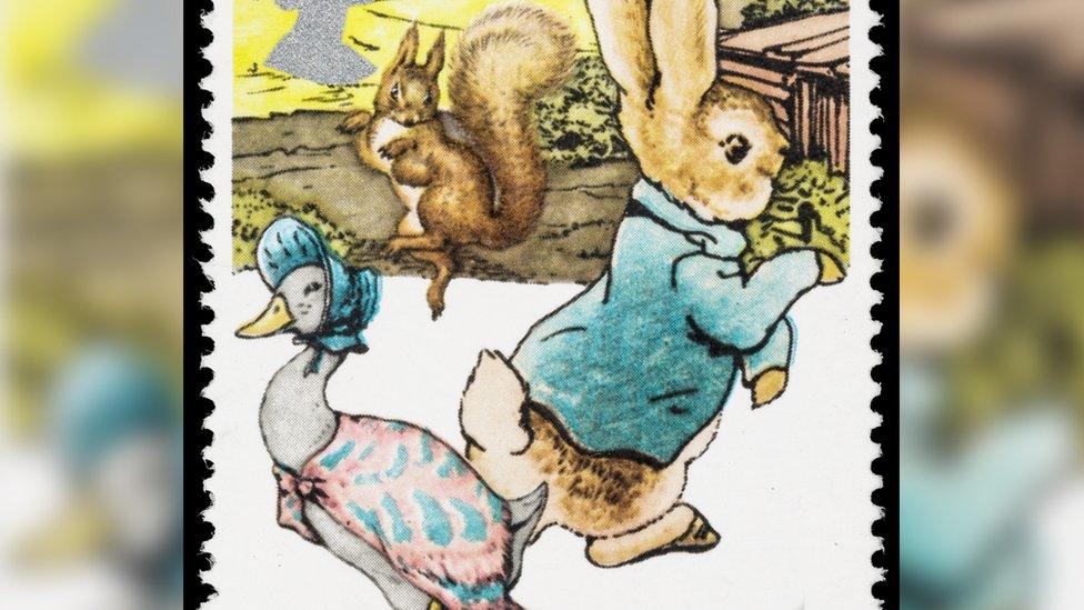 Peter Rabbit and Jemima Puddleduck on a stamp.