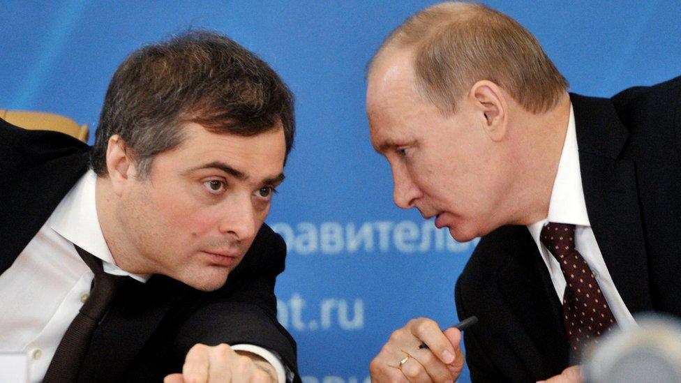 Vladislav Surkov (L) with President Vladimir Putin in 2012