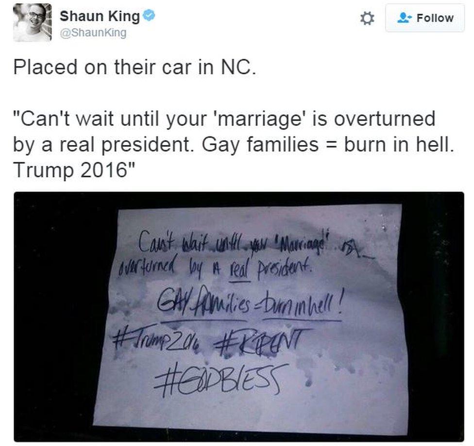 Tweet from user Shaunking reads: "Placed on their car in NC."