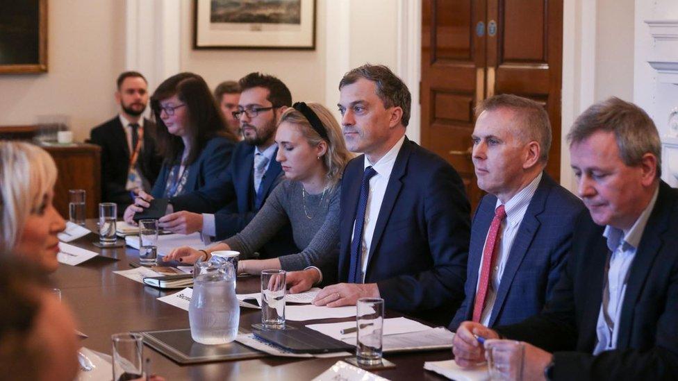 Northern Ireland Secretary Julian Smith at Stormont in Belfast as he hosts a summit to urge Stormont's leaders to make a series of commitments to tackle Northern Ireland's spiralling health service crisis