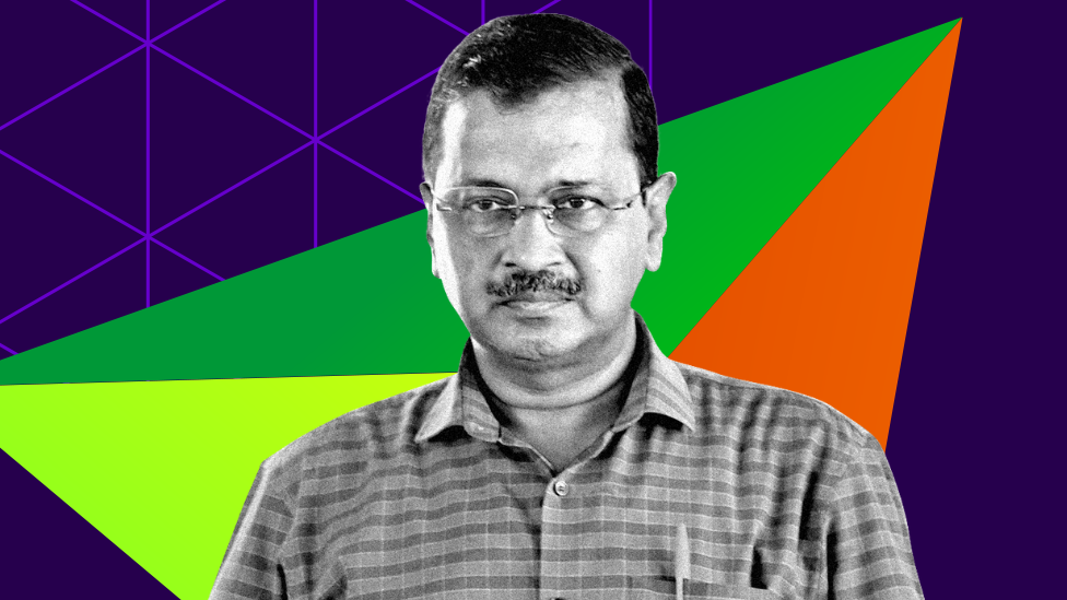 Arvind Kejriwal in black and white on a purple orange and green background