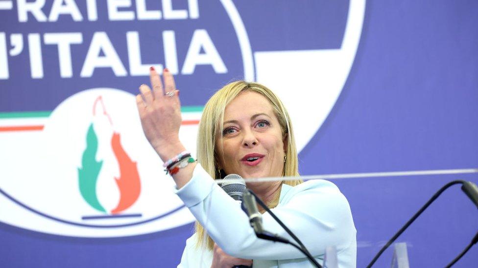 Giorgia Meloni, leader of the “Fratelli d'Italia" (Brothers of Italy) political party, speaks at a press conference after the first results on the Italian general election at the Parco Dei Principi Hotel on September 26