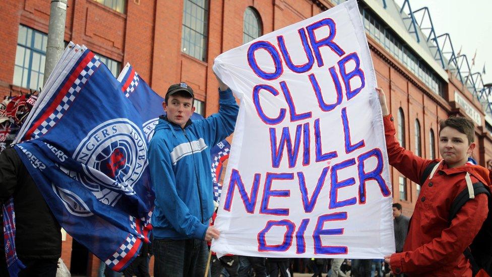 Rangers fans protest against former owner Craig Whyte and show their support for Rangers outside Ibrox Stadium prior to the Scottish Premier League football match between Rangers and Kilmarnock at Ibrox Stadium in Glasgow, Scotland on February 18, 2012.