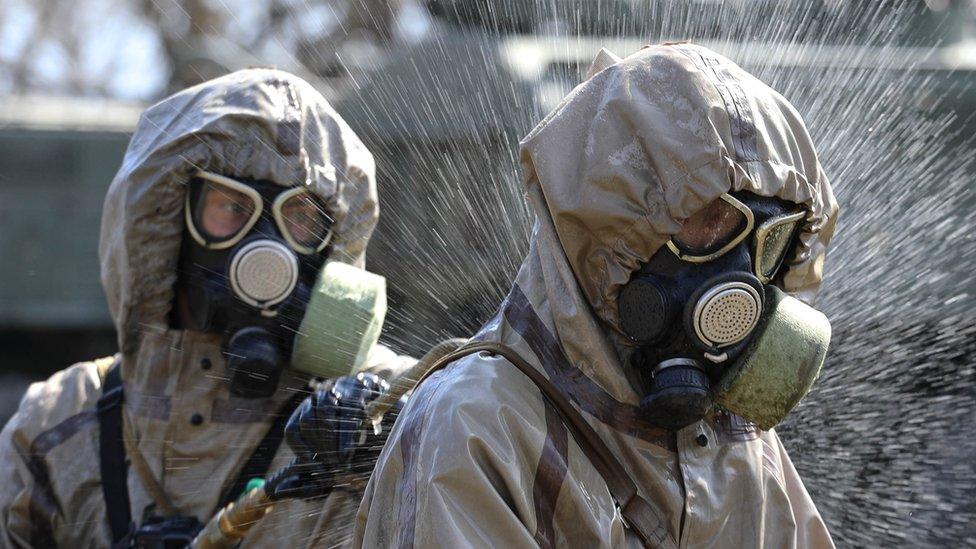 Russian soldiers take part in a virus outbreak response exercise