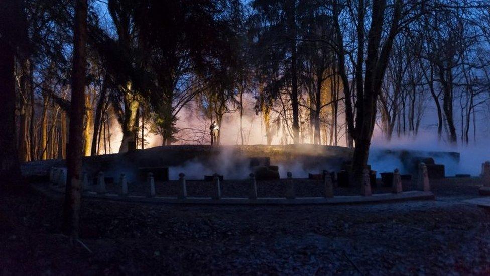 A re-enactment of the bombardment of an artillery bombardment in the Bois des Caures as part of the centenary of the battle of Verdun (21 February 2016)