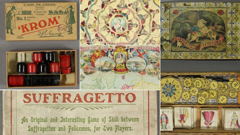 A selection of games including (clockwise from bottom left) Suffragetto, Krom, British sovereigns, Tetotums and Tar of All Weathers (centre)