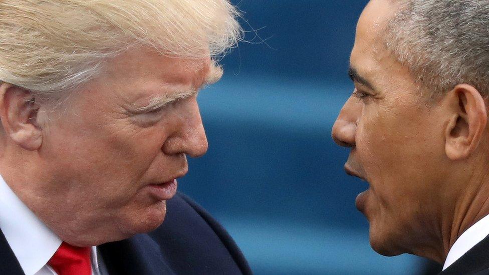 U.S. President Barack Obama (R) greets President-elect Donald Trump at inauguration ceremonies swearing in Trump as president on the West front of the U.S. Capitol in Washington, U.S