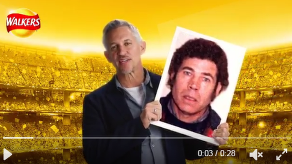 Gary Lineker holds up a card superimposed with a picture of Fred West