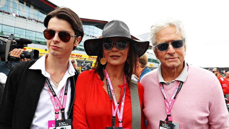 Dylan Douglas, Catherine Zeta Jones, Michael Douglas at British F1 Grand Prix at Silverstone in July, 2019