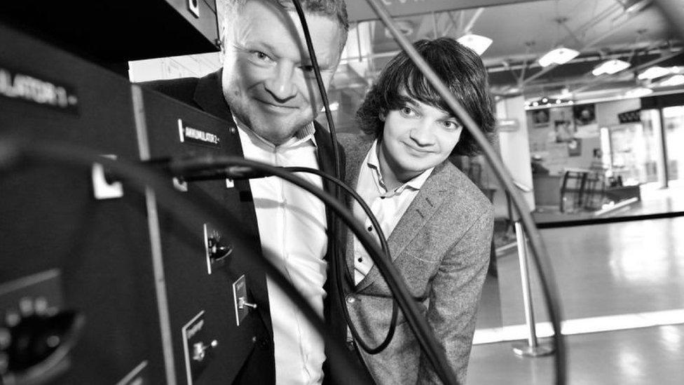 Dr Jochen Viehoff and Johannes Blobel with the recreated Eniac accumulators