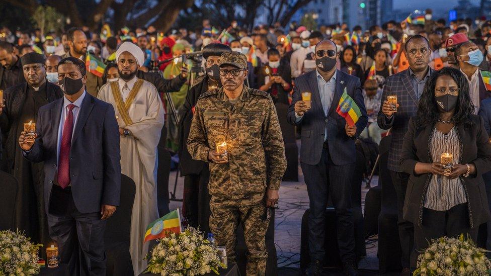 Leaders from military, government and civil society at an event marking the one year anniversary of the war in Tigray.