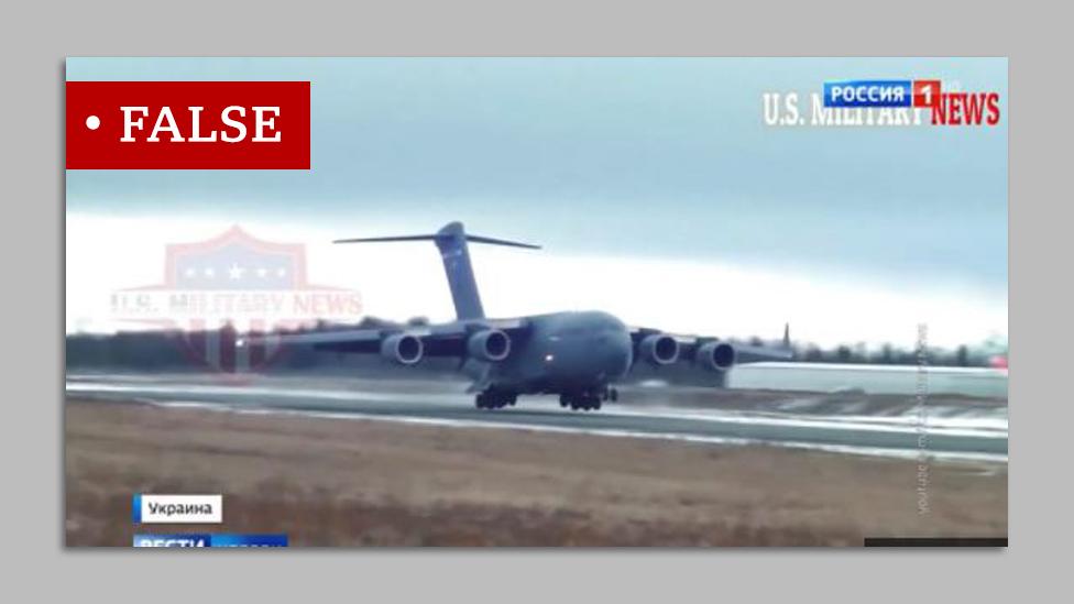 Screengrab of a video showing a US plane touching down on a runway that Russian TV falsely claimed was in Ukraine