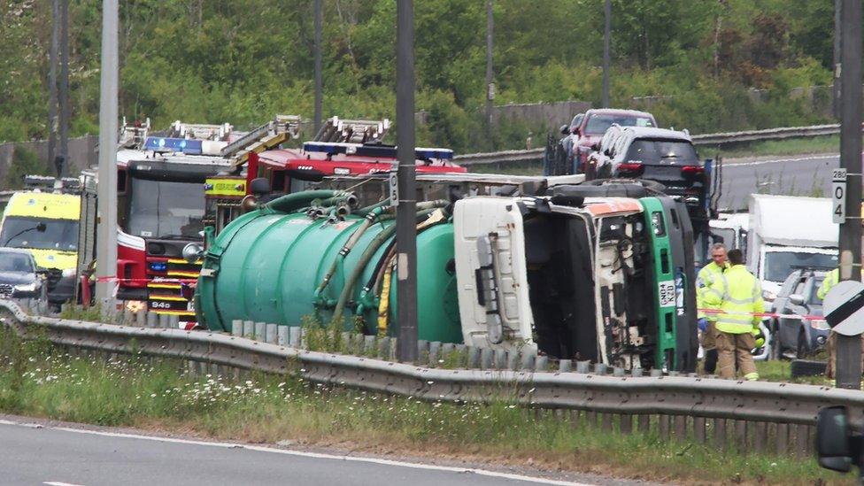 Sewage tanker on its side