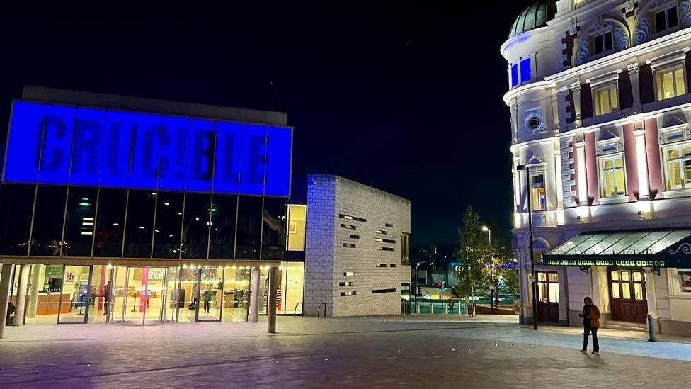 Sheffield Crucible with a blue sign