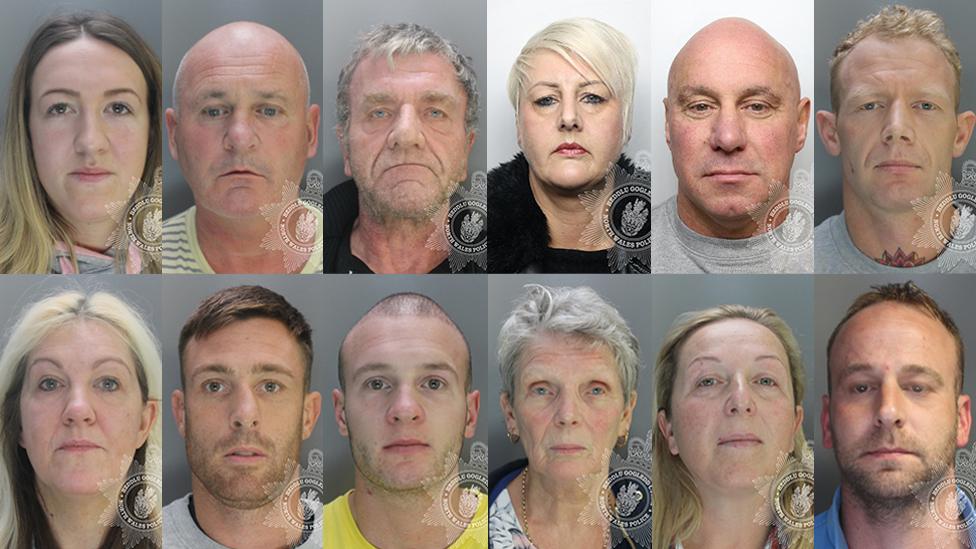 Police mugshots of 12 defendants sentenced in the case.