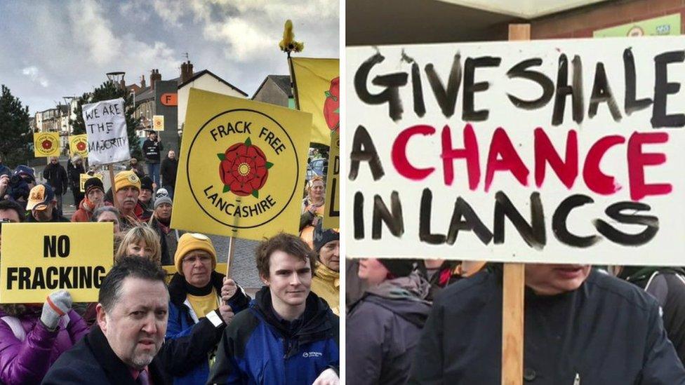 Protesters and supporters of fracking gather outside the appeal hearing in Blackpool