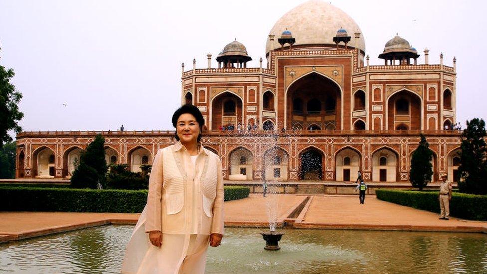 South Korean First Lady Kim Jung-sook with Humayun's tomb in the background