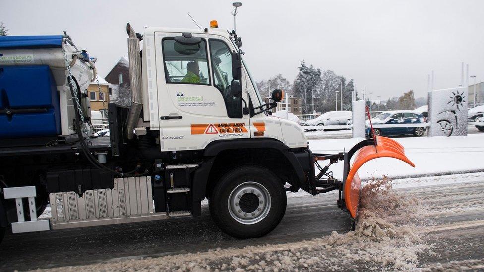 A snow plough in action in Brussels, 11 Dec 17