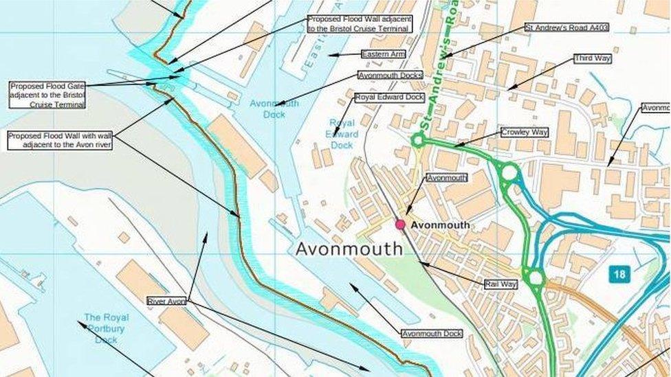 :Flood wall showing 100 metre gap at Avonmouth docks.