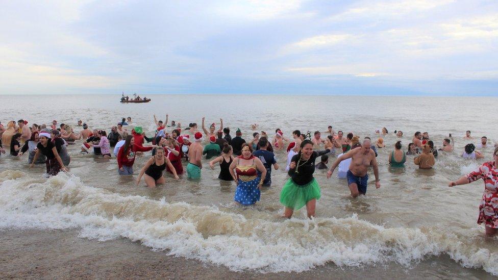 Swimmers in the sea at Felixstowe