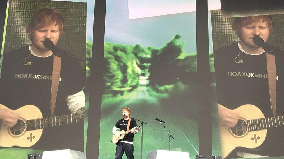 Ed Sheeran on stage at the Biggest Weekend in Swansea