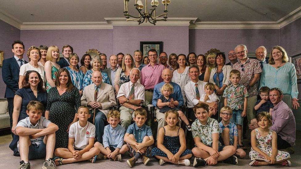 The Wilson family, mostly direct descendants of Alexander Wilson, including, seated in the middle, left to right, his sons Dennis, Gordon, Nigel and Douglas Wilson