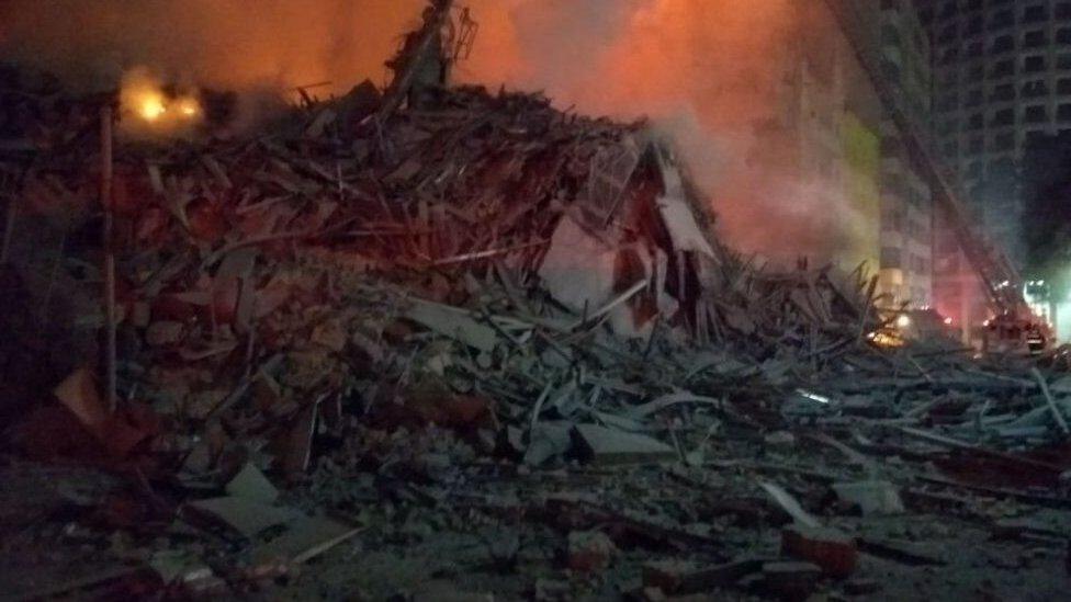 View of rubble after a building collapsed in Sao Paulo