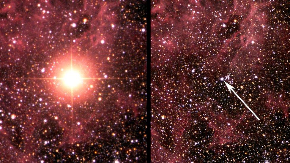 The star that exploded before the explosion (right) and the supernova after (left)