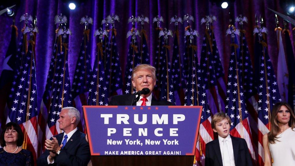 Republican President-elect Donald Trump delivers his acceptance speech during his election night event at the New York Hilton Midtown in the early morning hours of 9 November in New York City.