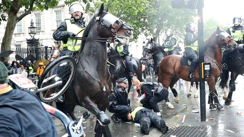 Fourteen police officers were injured during protests in London on Saturday