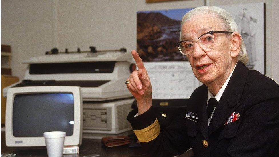 US Navy Commodre Grace Hopper in her office during the 1980s