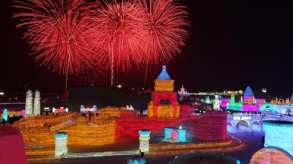 Fireworks display over the ice sculptures at the 33rd Harbin International Ice and Snow Festival in Harbin city, China's northern Heilongjiang province, 05 January 2017.