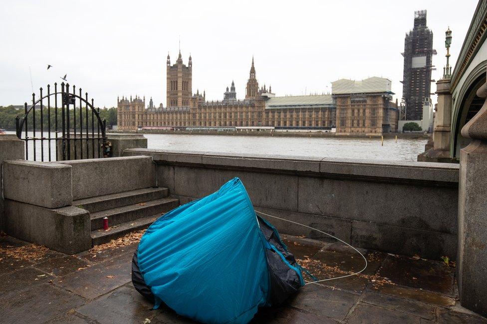 The tent of a homeless person near the Houses of Parliament, Westminster