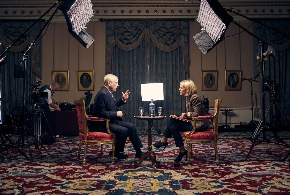 BBC photo showing the Duke of York (Prince Andrew), speaking for the first time about his links to Jeffrey Epstein in an interview with BBC Newsnight"s Emily Maitlis