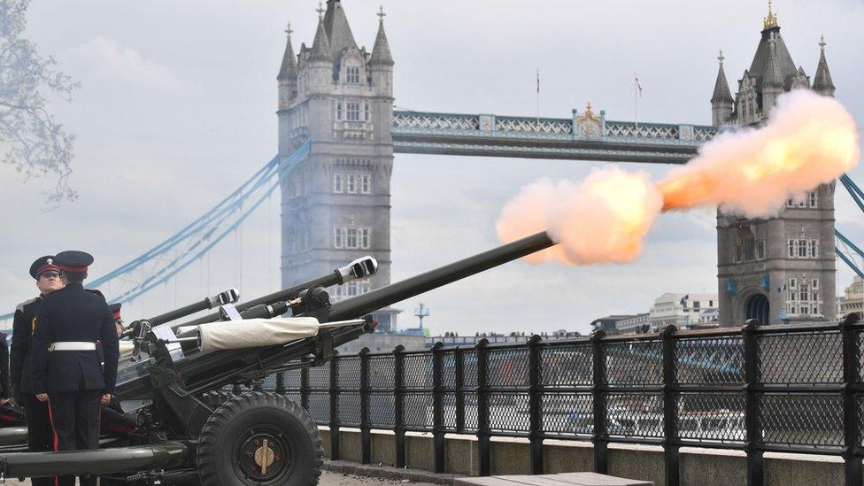 The Honourable Artillery Company fire a 62 gun salute at the Tower of London