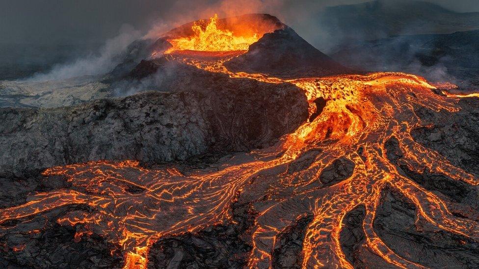 This picture shows Geldingadalir, Iceland's youngest volcano erupting