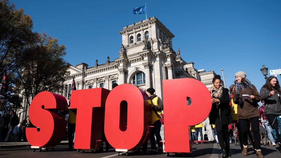 A protest rally in Berlin against a proposed EU-US trade pact