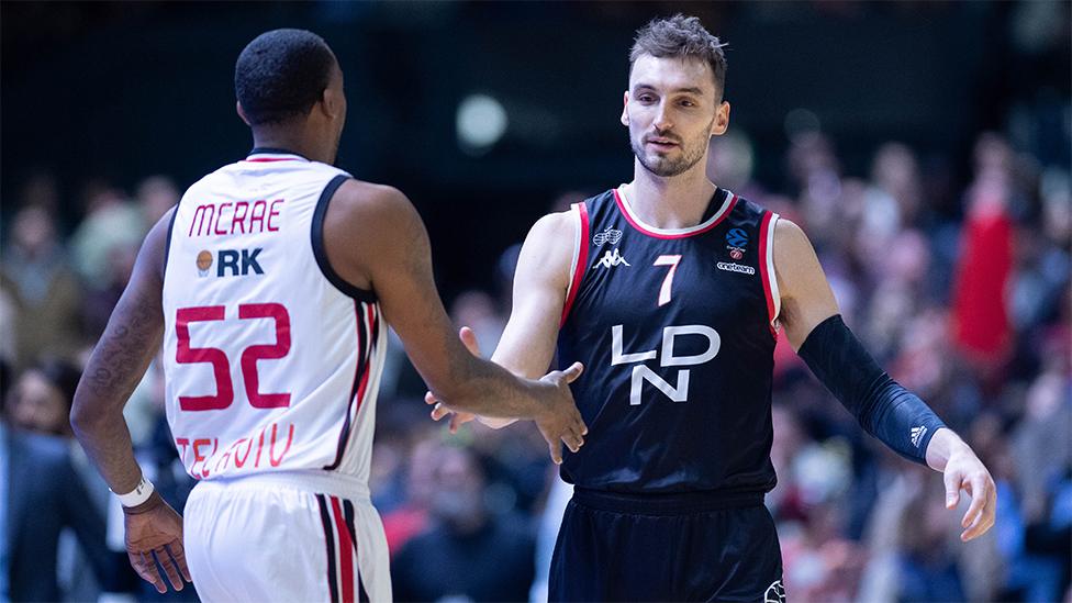 Sam Dekker of London Lions and Jordan McRae of Hapoel Tel Aviv during the EuroCup match between London Lions and Hapoel Tel Aviv