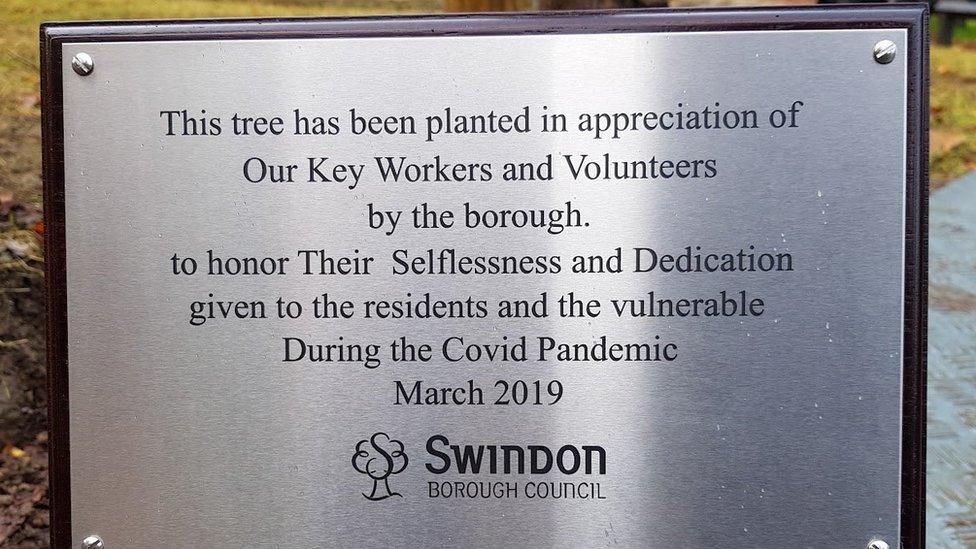 The plaque dedicated to key workers and volunteers has random capitalisation and gives the date of the pandemic as 2019