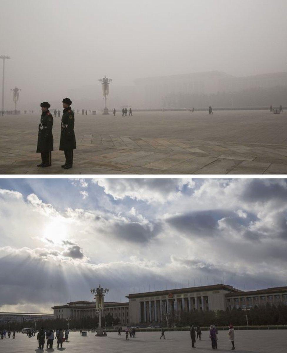 In this composite of two separate images, Chinese Paramilitary officers stand Tiananmen Square and the Great Hall of the People is seen in heavy pollution, top, on December 1 and 24 hours later under a clear sky on December 2, 2015 in Beijing, China