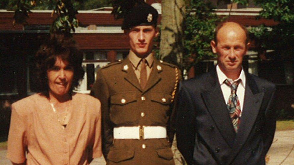 Pte Sean Benton with his parents at his passing out at Pirbright Barracks in 1994